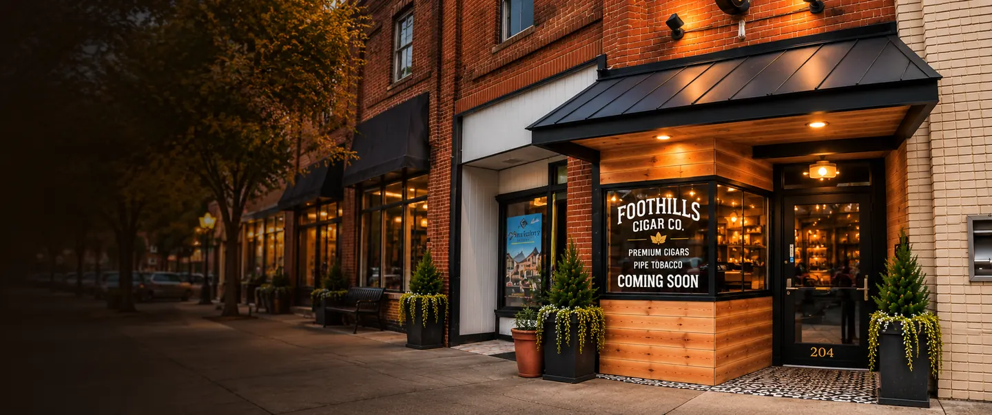 The Foothills Cigar Co. storefront at dusk on Main Street, with warm window lighting, cedar-paneled corner entrance, black awning, and COMING SOON signage