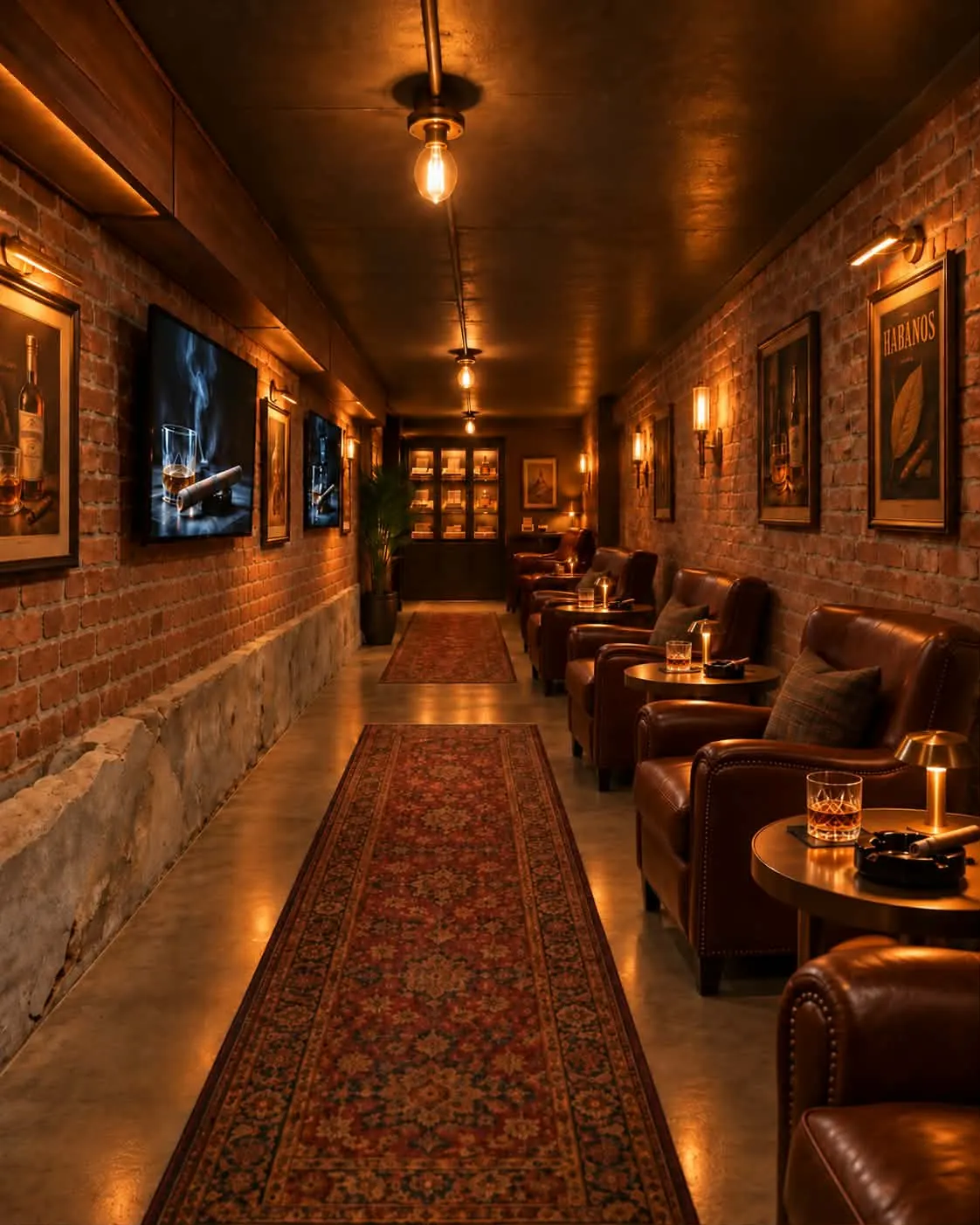 A long dimly lit cigar lounge corridor with exposed red-brick walls, dark leather armchairs along the right wall, hanging pendant bulbs, framed tobacco prints, and a lit humidor cabinet at the far end