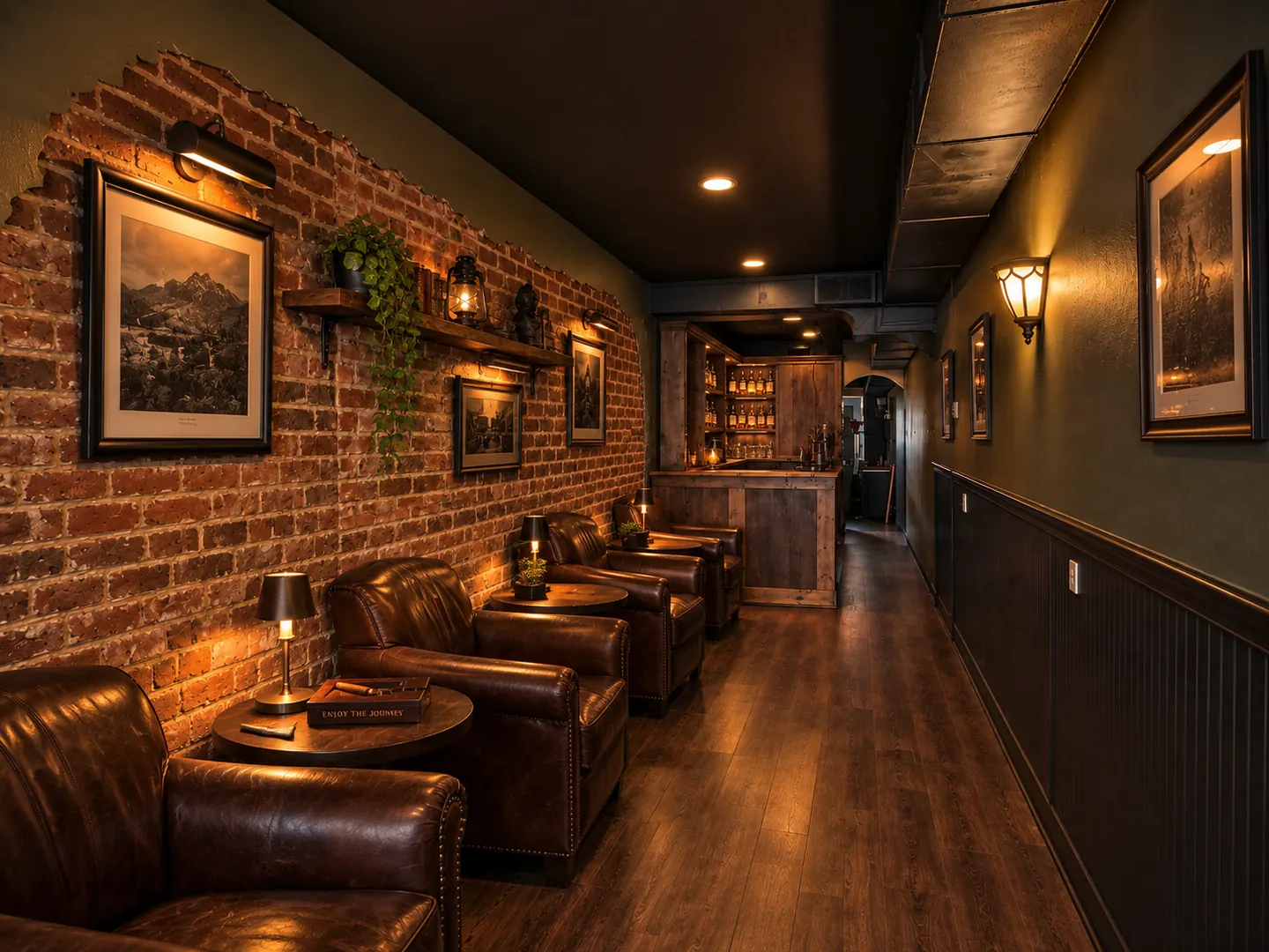 A long moody cigar lounge corridor with exposed red-brick and deep olive-green walls, dark leather armchairs along the brick wall with side tables and warm lamps, framed prints lit by picture lights, and a wooden backlit bar counter at the far end